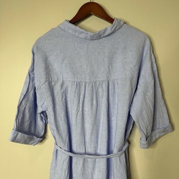 Tahari Blue 100% Linen Button Front Tie Belt Shirt Dress Coastal Cover-up Large - Picture 9 of 10